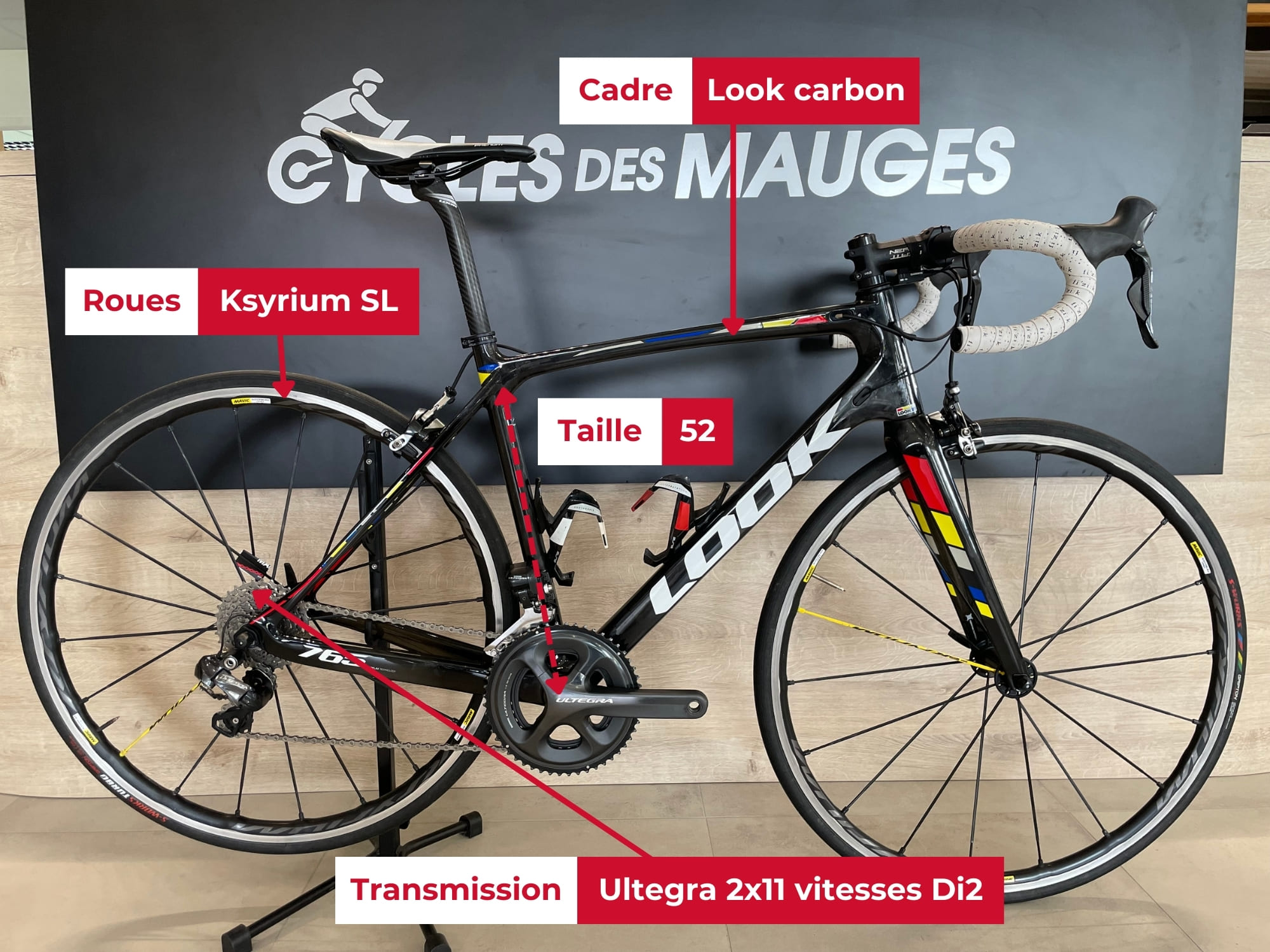 Vélo de route Look reconditionné chez Cycles des Mauges à vendre avec caractéristiques techniques